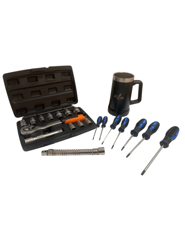 KIT CAIXA DE FERRAMENTAS COM 12 PÇS + FERRAMENTA EXTENSORA + KIT TORX DE MÃO E UM COPO STANLEY PERSONALIZADO