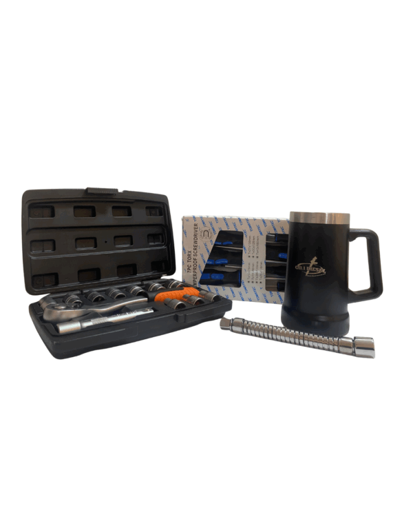 KIT CAIXA DE FERRAMENTAS COM 12 PÇS + FERRAMENTA EXTENSORA + KIT TORX DE MÃO E UM COPO STANLEY PERSONALIZADO - Imagem 2