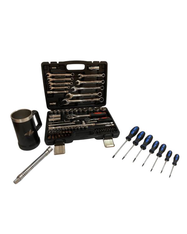 KIT CAIXA DE FERRAMENTAS COM 82 PÇS + FERRAMENTA EXTENSORA + KIT TORX DE MÃO E UM COPO STANLEY PERSONALIZADO