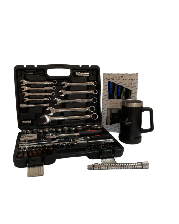 KIT CAIXA DE FERRAMENTAS COM 82 PÇS + FERRAMENTA EXTENSORA + KIT TORX DE MÃO E UM COPO STANLEY PERSONALIZADO - Imagem 2