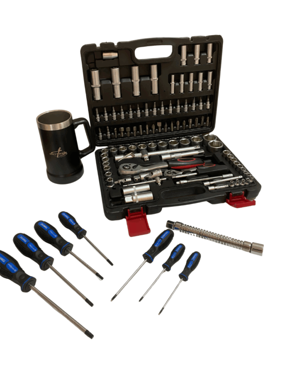 KIT CAIXA DE FERRAMENTAS COM 94 PÇS + FERRAMENTA EXTENSORA + KIT TORX DE MÃO E UM COPO STANLEY PERSONALIZADO