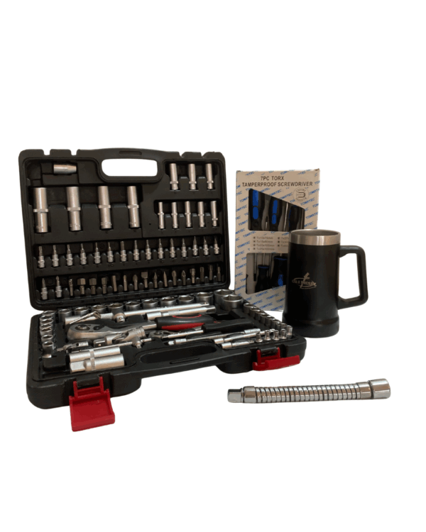 KIT CAIXA DE FERRAMENTAS COM 94 PÇS + FERRAMENTA EXTENSORA + KIT TORX DE MÃO E UM COPO STANLEY PERSONALIZADO - Imagem 2